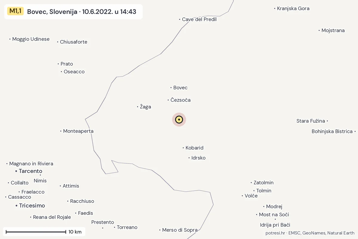 Karta: okolica epicentra, 60 km, potres M1,1, Bovec, Slovenija, 10.6.2022.