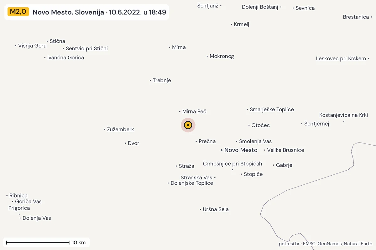 Karta: okolica epicentra, 60 km, potres M2,0, Novo Mesto, Slovenija, 10.6.2022.