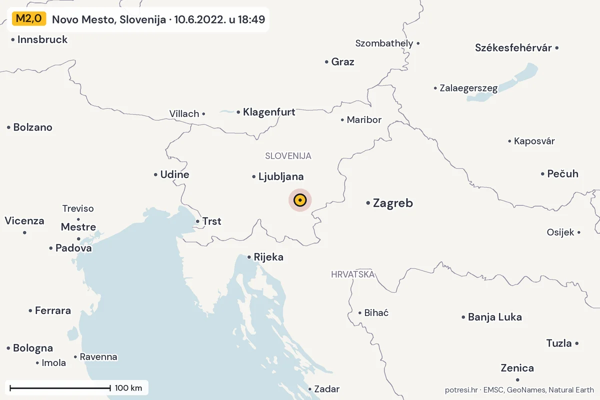 Karta: šire područje, 600 km, potres M2,0, Novo Mesto, Slovenija, 10.6.2022.