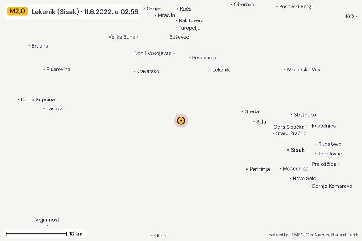 Karta: okolica epicentra, 60 km, potres M2,0, Lekenik (Sisak), 11.6.2022.