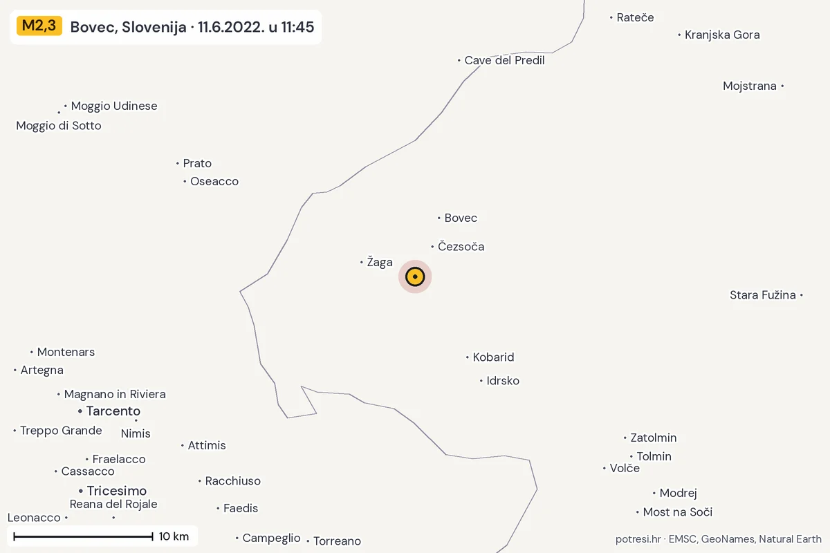 Karta: okolica epicentra, 60 km, potres M2,3, Bovec, Slovenija, 11.6.2022.
