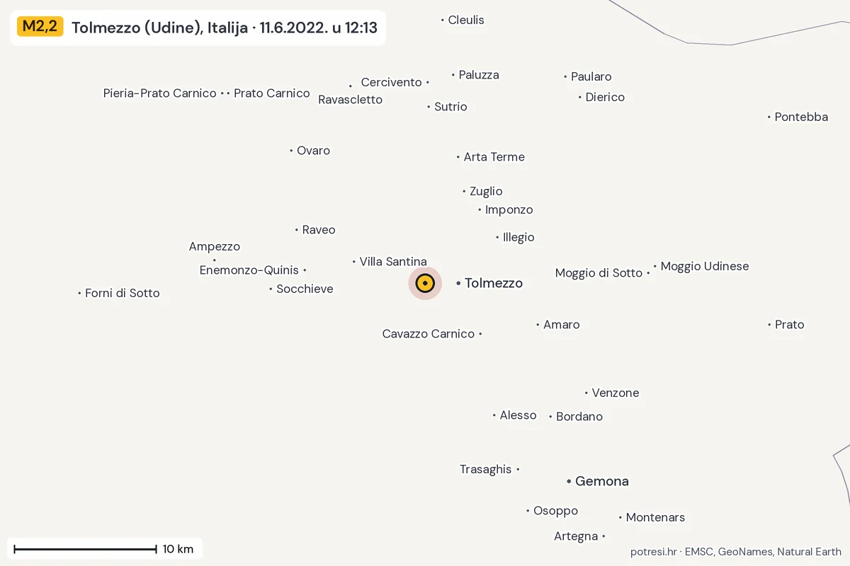 Karta: okolica epicentra, 60 km, potres M2,2, Tolmezzo (Udine), Italija, 11.6.2022.