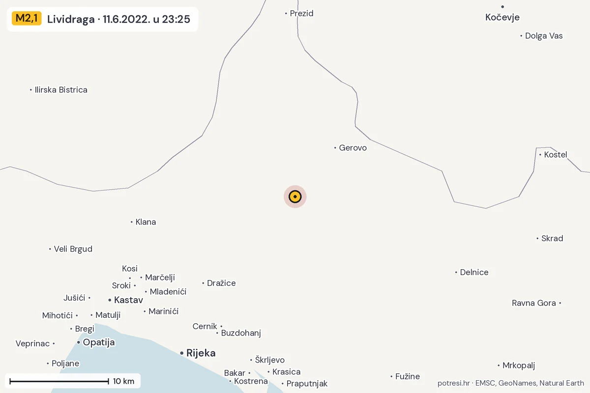Karta: okolica epicentra, 60 km, potres M2,1, Lividraga, 11.6.2022.