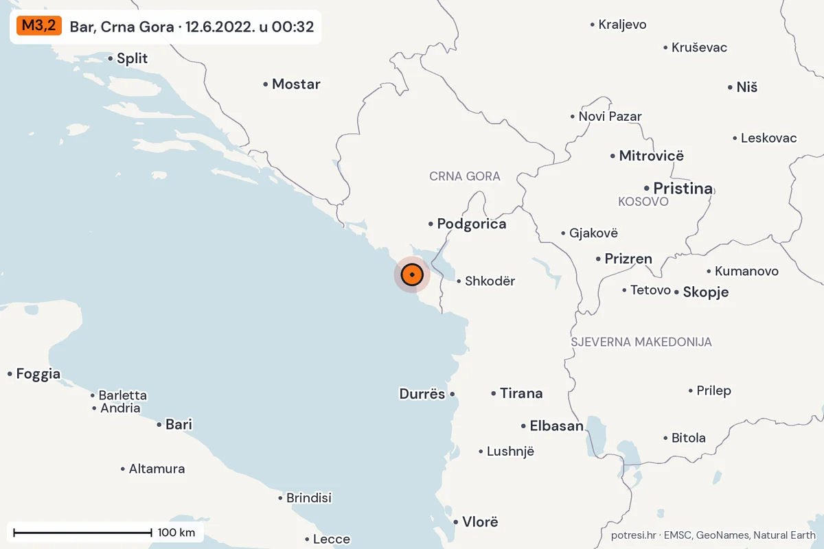 Karta: šire područje, 600 km, potres M3,2, Bar, Crna Gora, 12.6.2022.