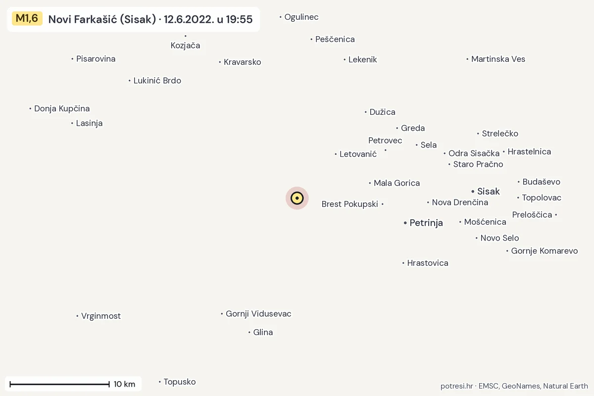Karta: okolica epicentra, 60 km, potres M1,6, Novi Farkašić (Sisak), 12.6.2022.