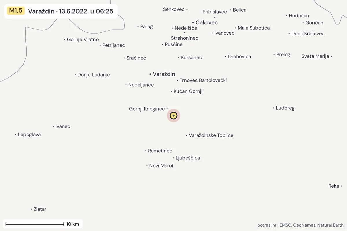 Karta: okolica epicentra, 60 km, potres M1,5, Varaždin, 13.6.2022.