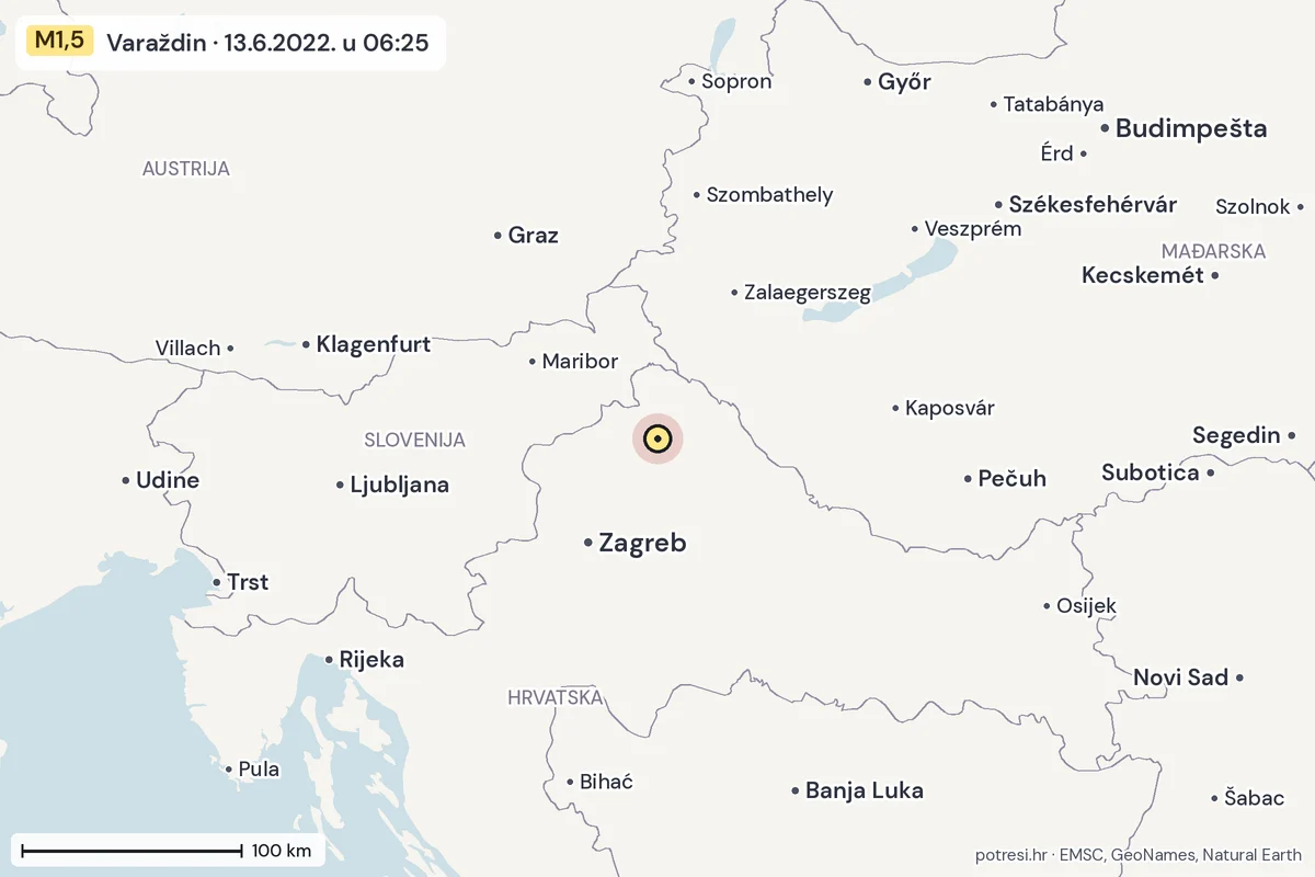 Karta: šire područje, 600 km, potres M1,5, Varaždin, 13.6.2022.