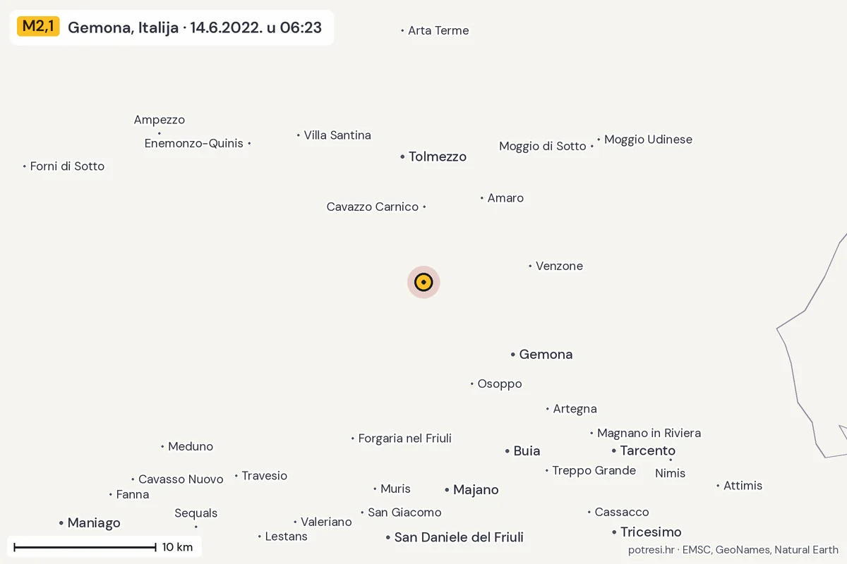 Karta: okolica epicentra, 60 km, potres M2,1, Gemona, Italija, 14.6.2022.