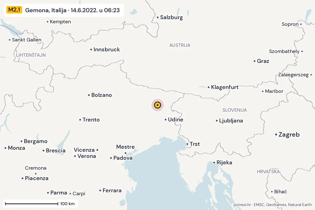 Karta: šire područje, 600 km, potres M2,1, Gemona, Italija, 14.6.2022.
