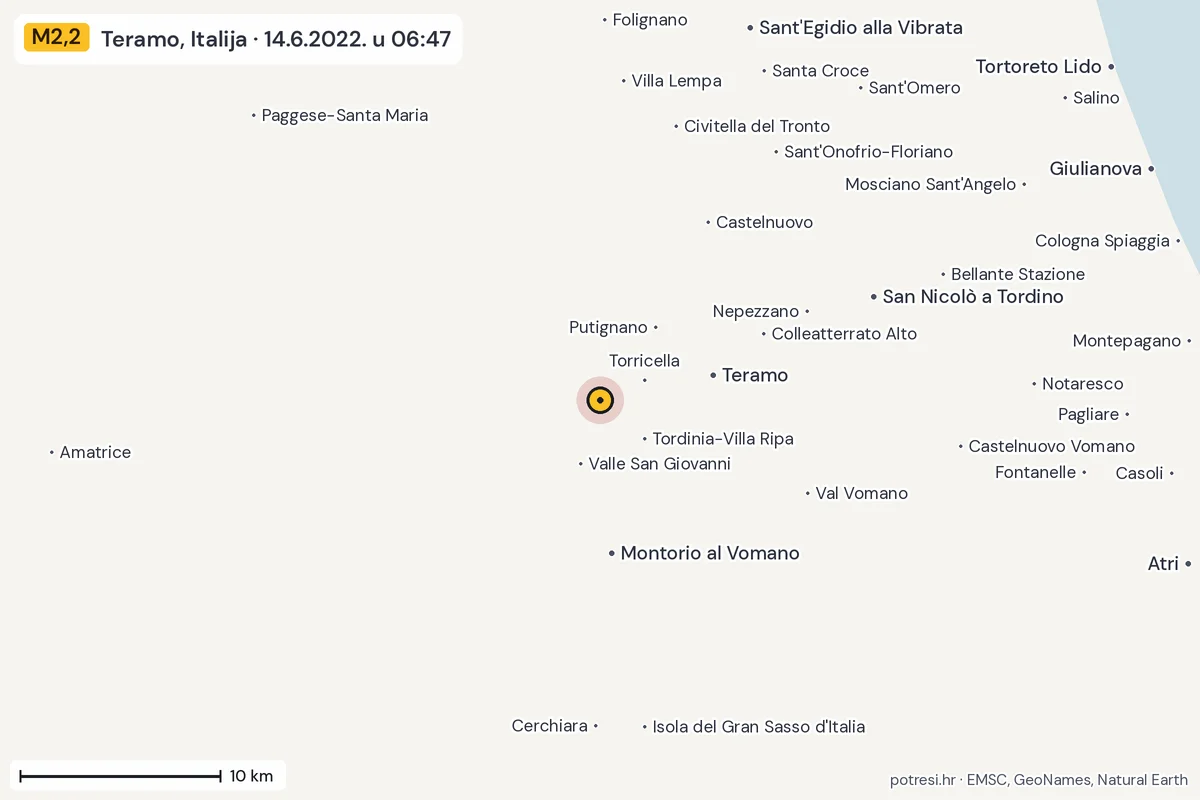 Karta: okolica epicentra, 60 km, potres M2,2, Teramo, Italija, 14.6.2022.