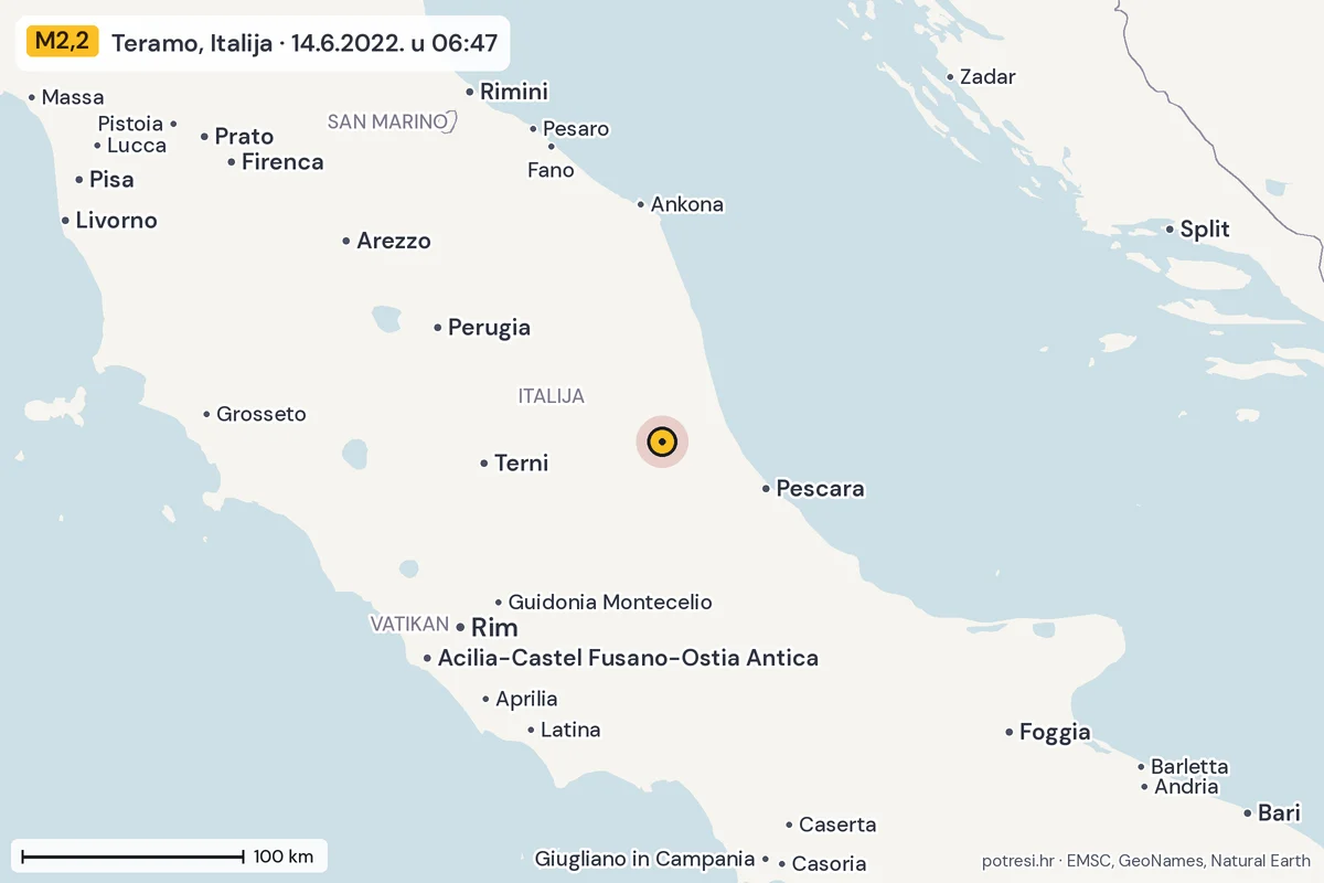 Karta: šire područje, 600 km, potres M2,2, Teramo, Italija, 14.6.2022.