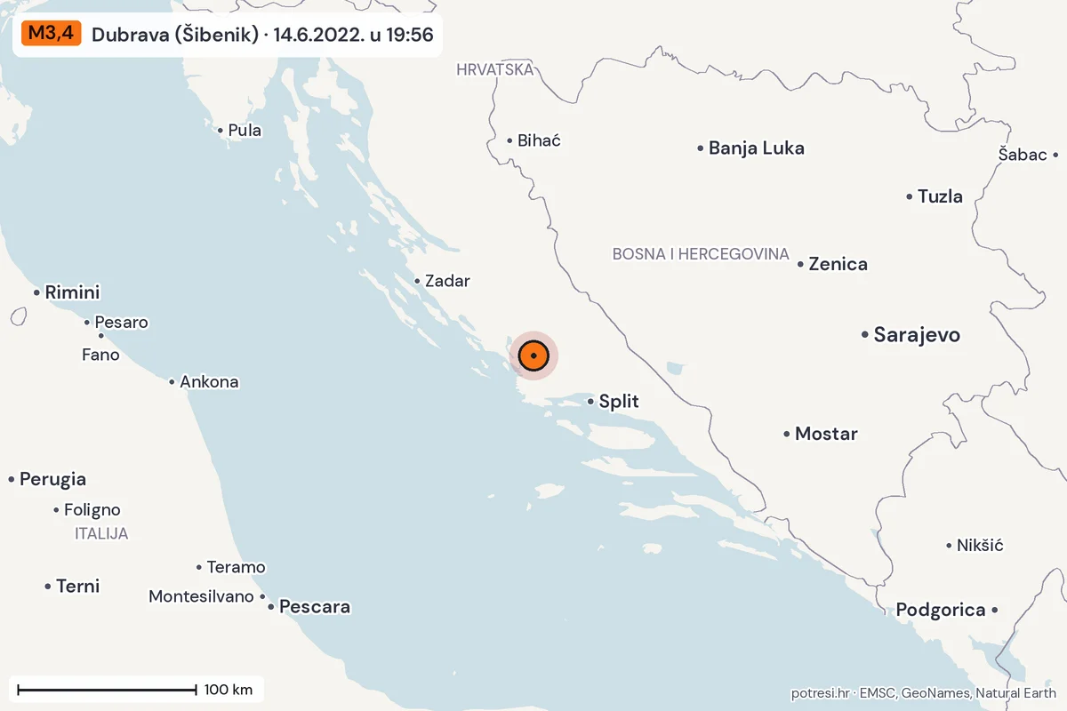 Karta: šire područje, 600 km, potres M3,4, Dubrava (Šibenik), 14.6.2022.