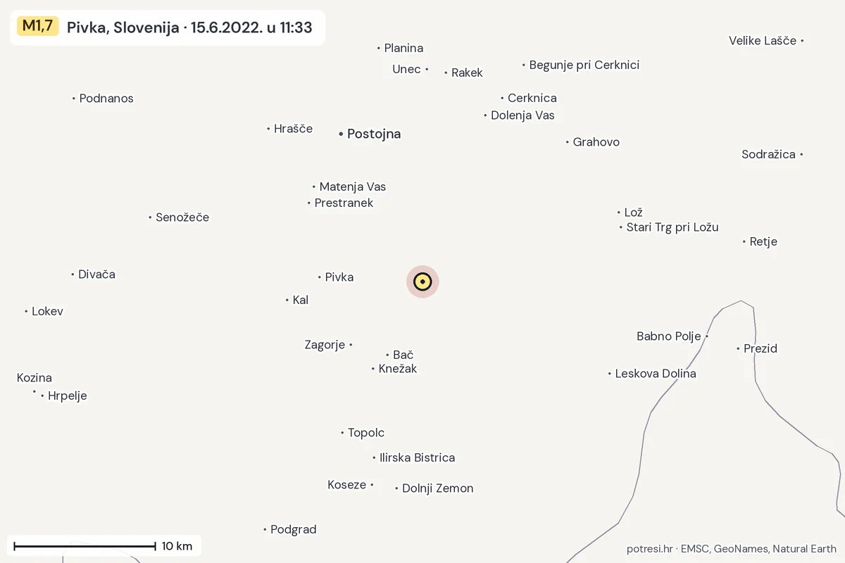 Karta: okolica epicentra, 60 km, potres M1,7, Pivka, Slovenija, 15.6.2022.