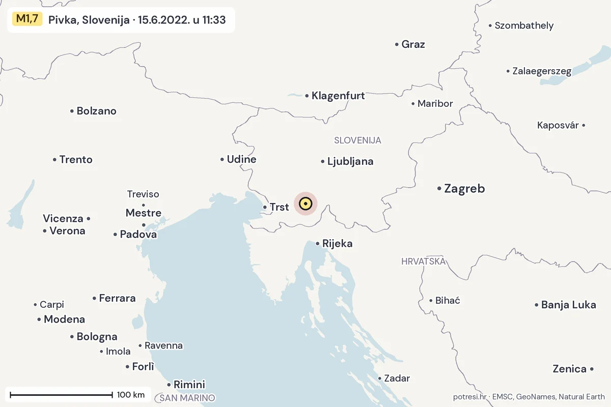 Karta: šire područje, 600 km, potres M1,7, Pivka, Slovenija, 15.6.2022.
