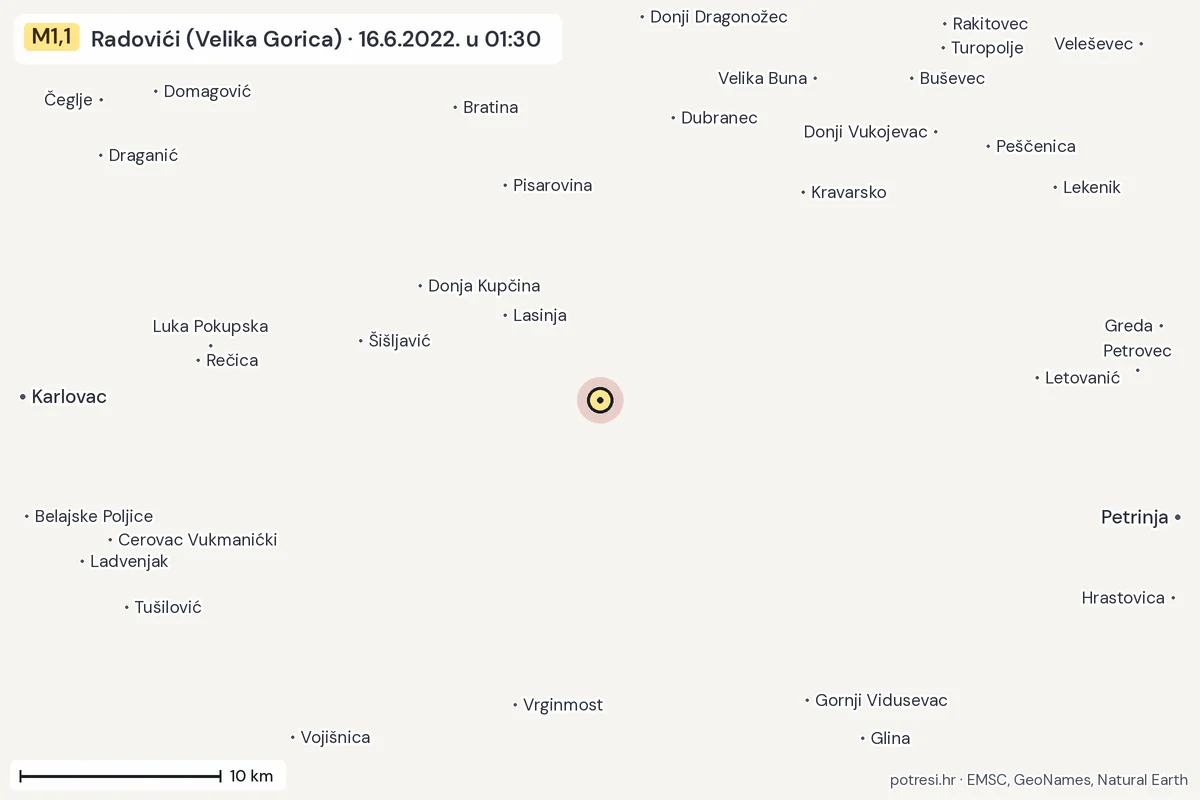 Karta: okolica epicentra, 60 km, potres M1,1, Radovići (Velika Gorica), 16.6.2022.