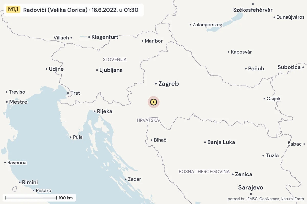 Karta: šire područje, 600 km, potres M1,1, Radovići (Velika Gorica), 16.6.2022.