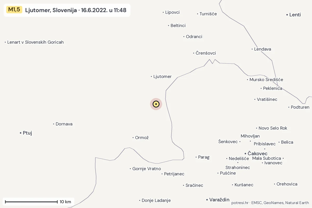 Karta: okolica epicentra, 60 km, potres M1,5, Ljutomer, Slovenija, 16.6.2022.