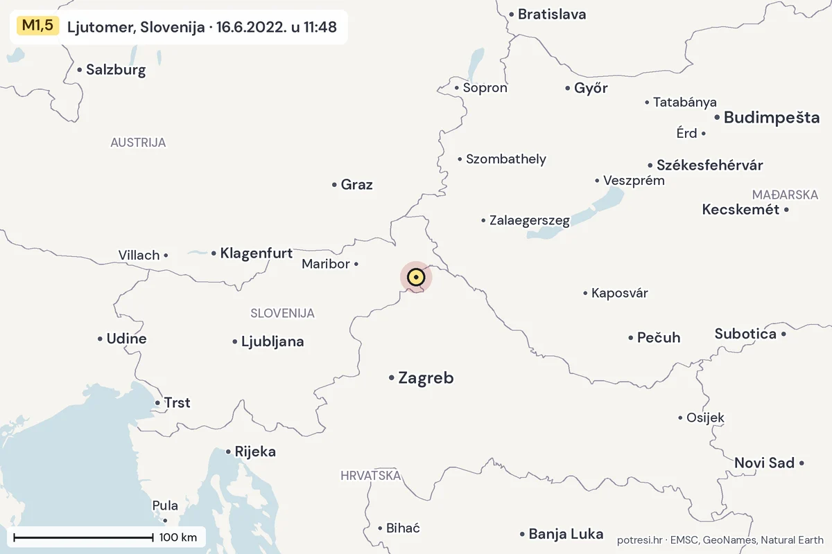 Karta: šire područje, 600 km, potres M1,5, Ljutomer, Slovenija, 16.6.2022.