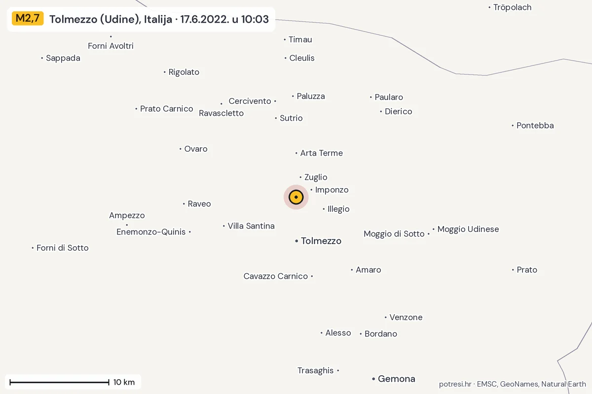 Karta: okolica epicentra, 60 km, potres M2,7, Tolmezzo (Udine), Italija, 17.6.2022.