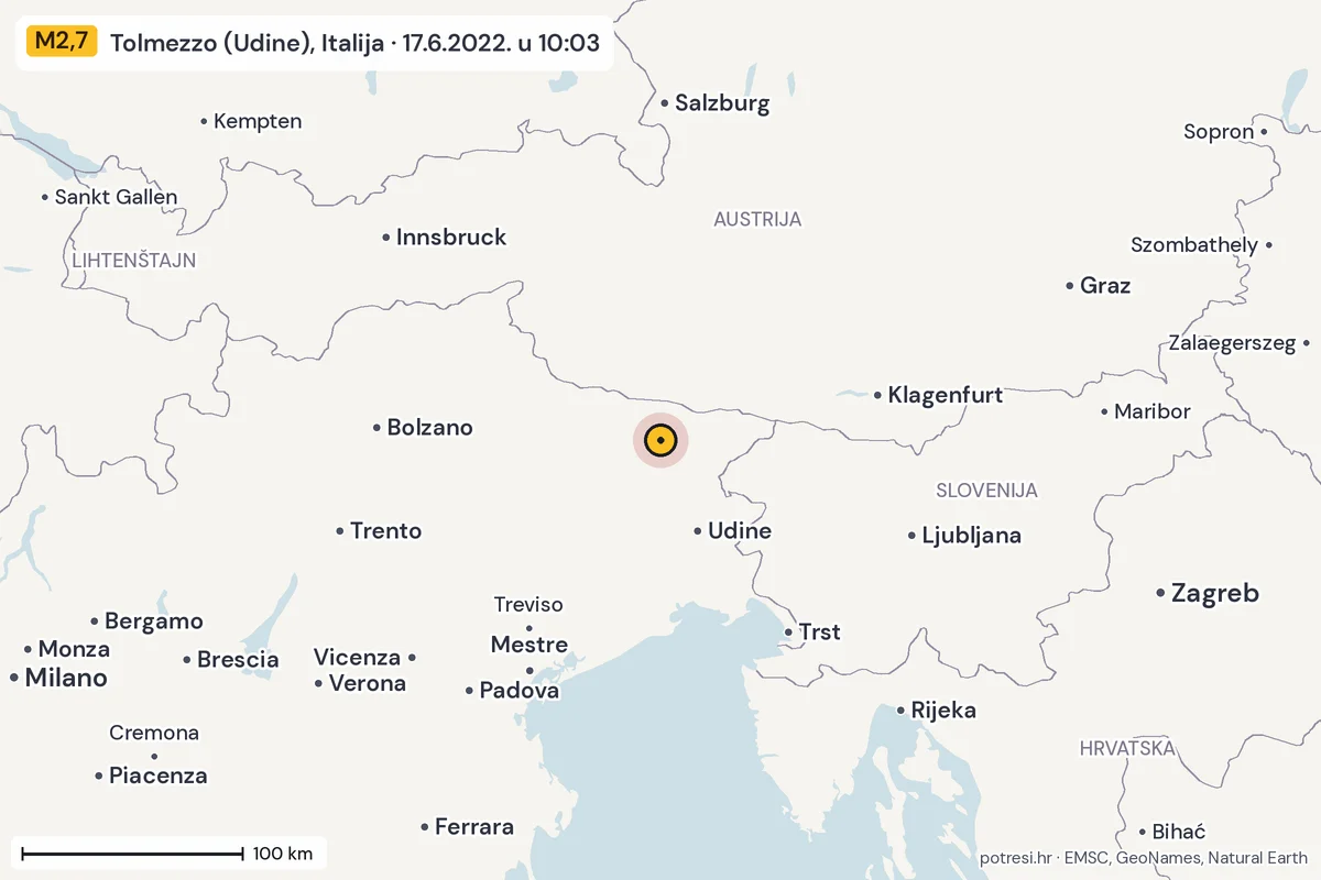 Karta: šire područje, 600 km, potres M2,7, Tolmezzo (Udine), Italija, 17.6.2022.