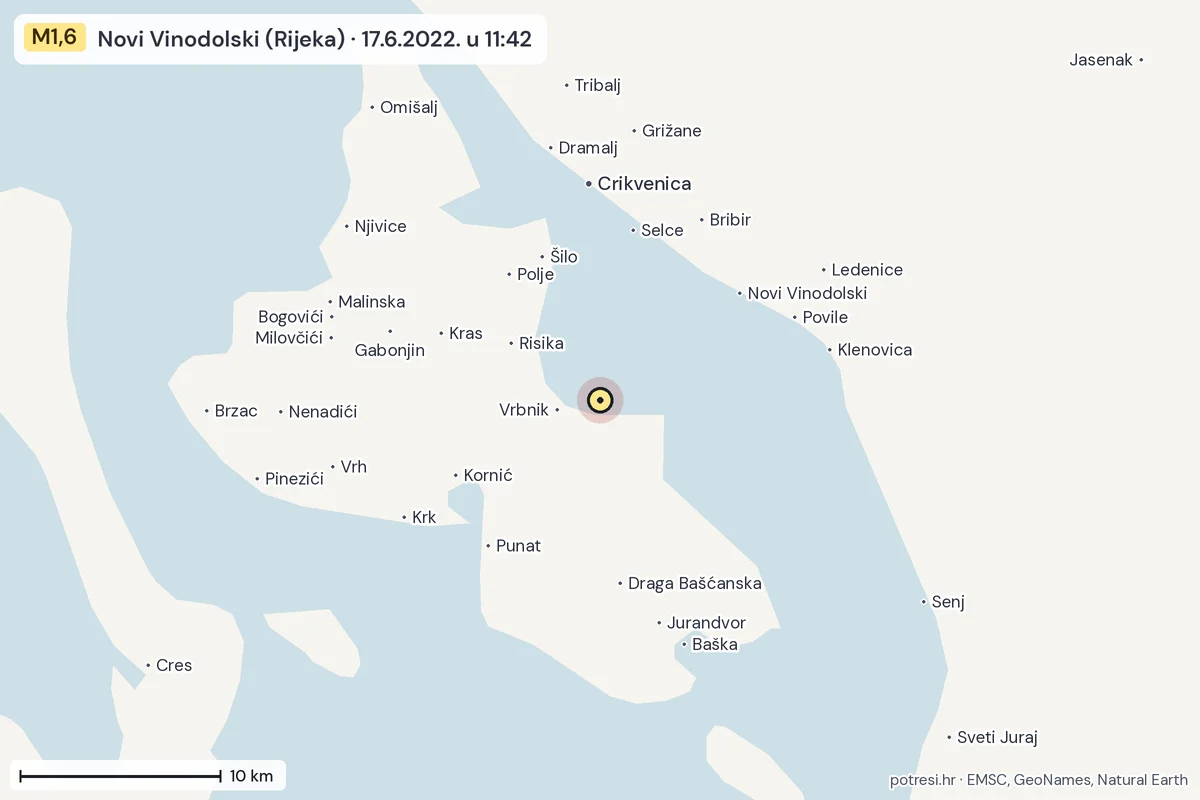 Karta: okolica epicentra, 60 km, potres M1,6, Novi Vinodolski (Rijeka), 17.6.2022.