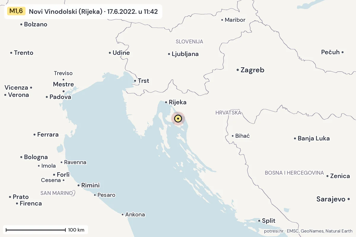 Karta: šire područje, 600 km, potres M1,6, Novi Vinodolski (Rijeka), 17.6.2022.