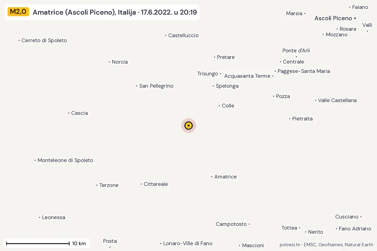 Karta: okolica epicentra, 60 km, potres M2,0, Amatrice (Ascoli Piceno), Italija, 17.6.2022.