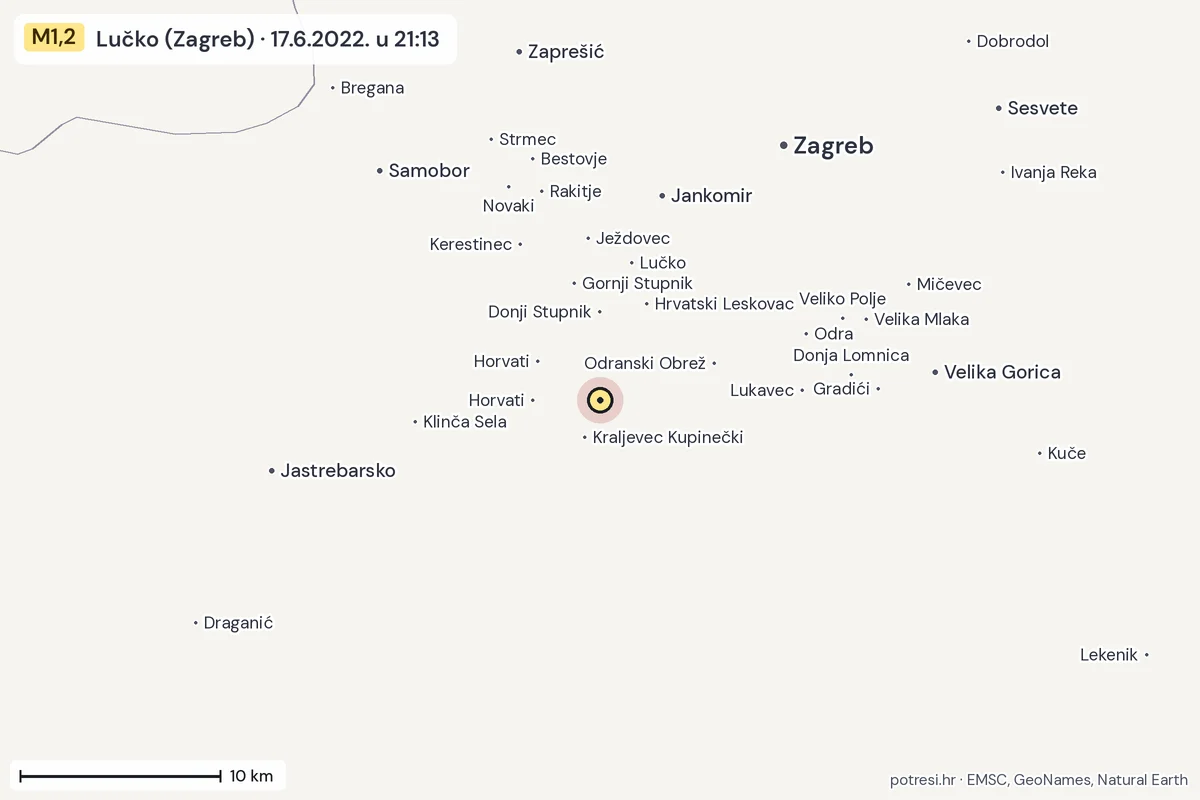 Karta: okolica epicentra, 60 km, potres M1,2, Lučko (Zagreb), 17.6.2022.