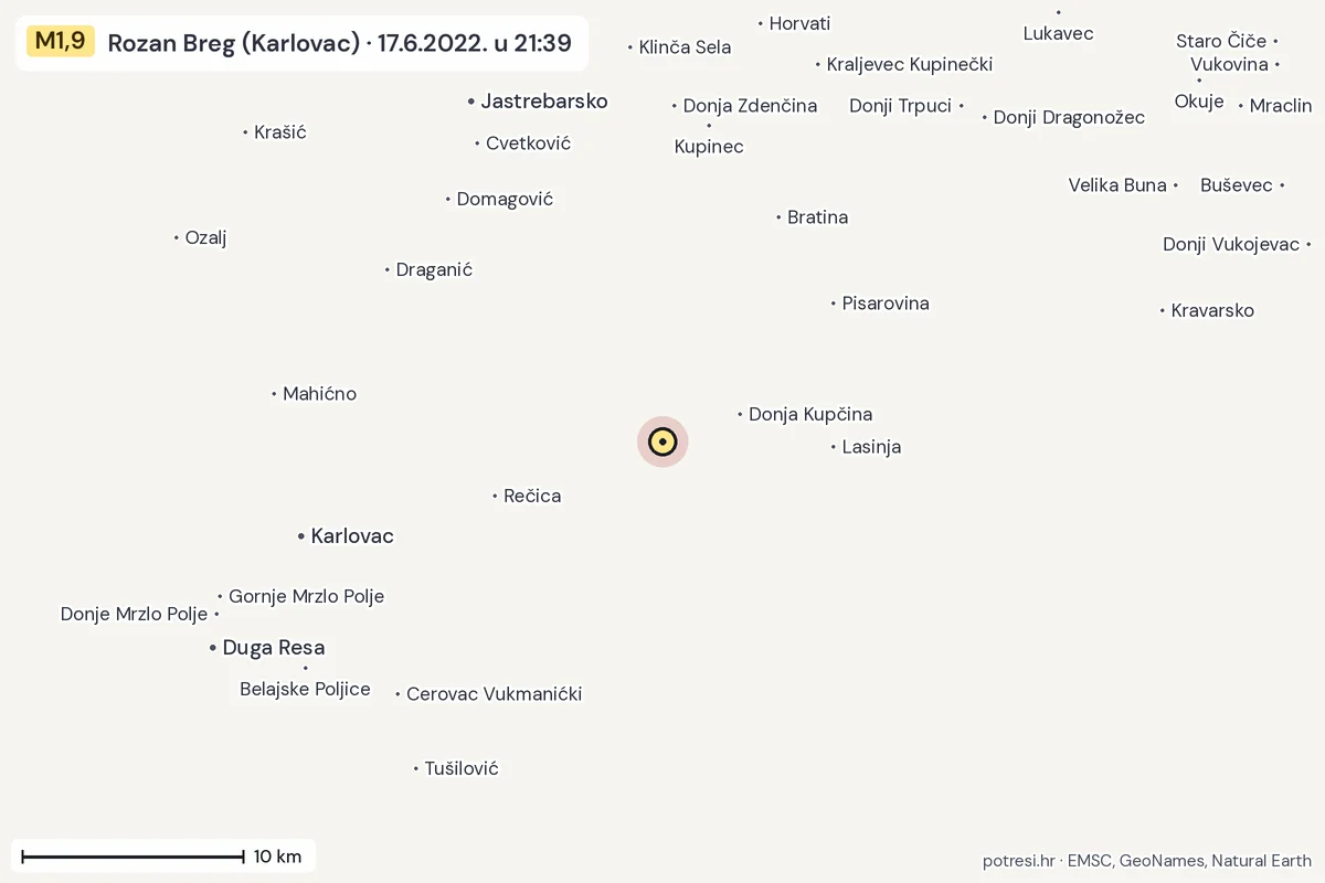 Karta: okolica epicentra, 60 km, potres M1,9, Rozan Breg (Karlovac), 17.6.2022.