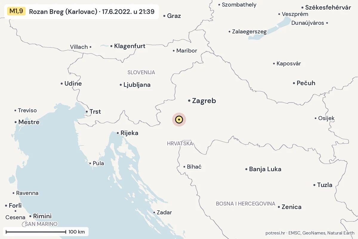 Karta: šire područje, 600 km, potres M1,9, Rozan Breg (Karlovac), 17.6.2022.