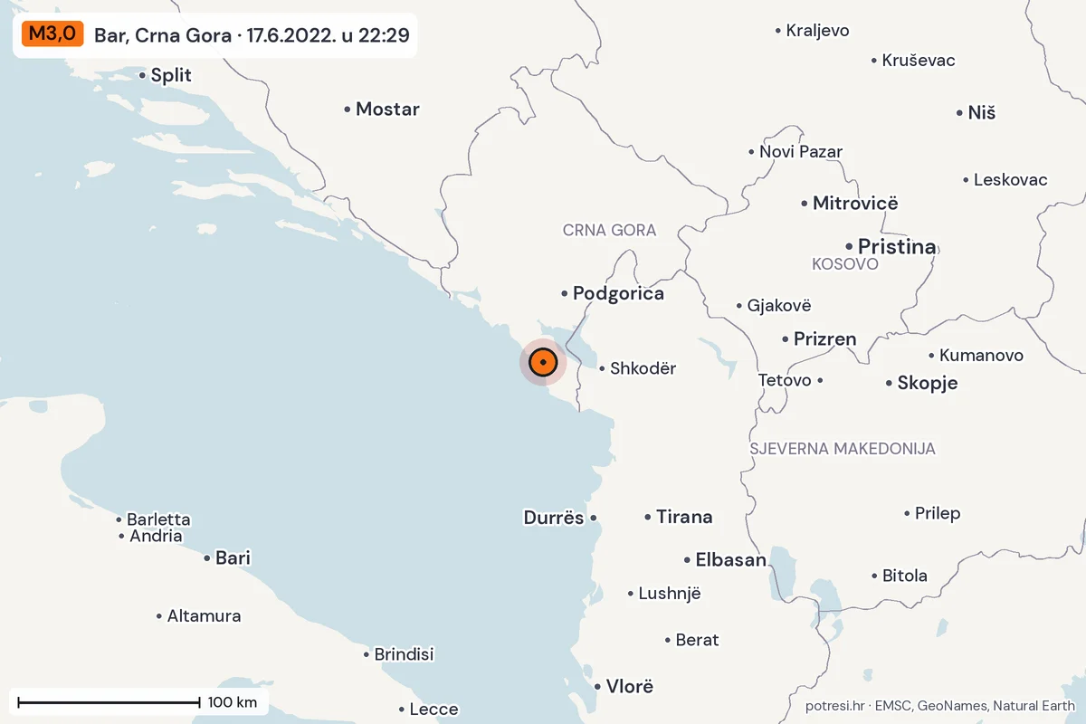 Karta: šire područje, 600 km, potres M3,0, Bar, Crna Gora, 17.6.2022.