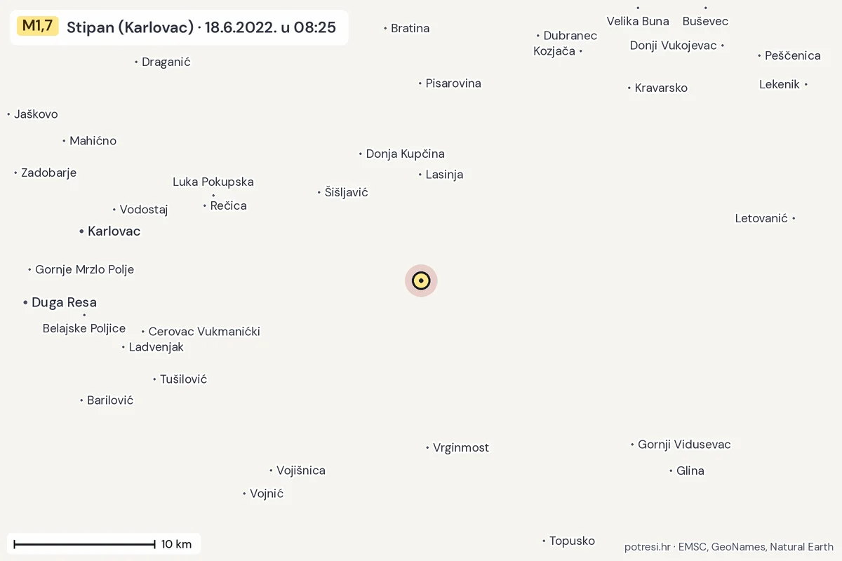 Karta: okolica epicentra, 60 km, potres M1,7, Stipan (Karlovac), 18.6.2022.