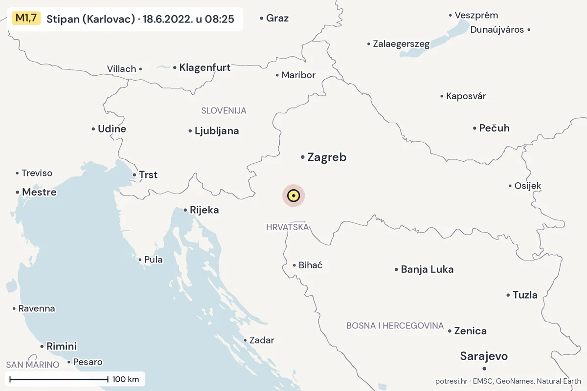 Karta: šire područje, 600 km, potres M1,7, Stipan (Karlovac), 18.6.2022.