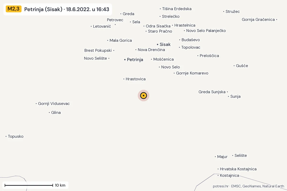 Karta: okolica epicentra, 60 km, potres M2,3, Petrinja (Sisak), 18.6.2022.