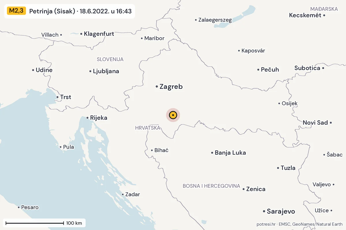 Karta: šire područje, 600 km, potres M2,3, Petrinja (Sisak), 18.6.2022.