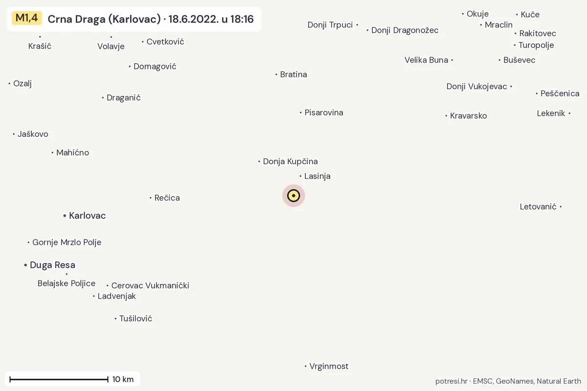 Karta: okolica epicentra, 60 km, potres M1,4, Crna Draga (Karlovac), 18.6.2022.