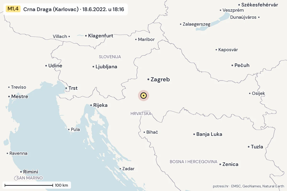 Karta: šire područje, 600 km, potres M1,4, Crna Draga (Karlovac), 18.6.2022.