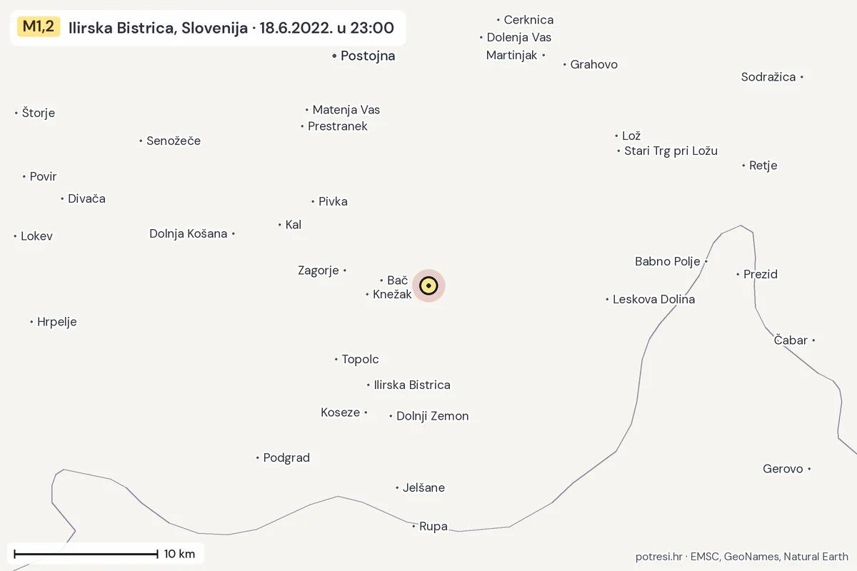 Karta: okolica epicentra, 60 km, potres M1,2, Ilirska Bistrica, Slovenija, 18.6.2022.