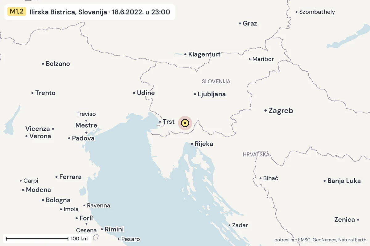 Karta: šire područje, 600 km, potres M1,2, Ilirska Bistrica, Slovenija, 18.6.2022.