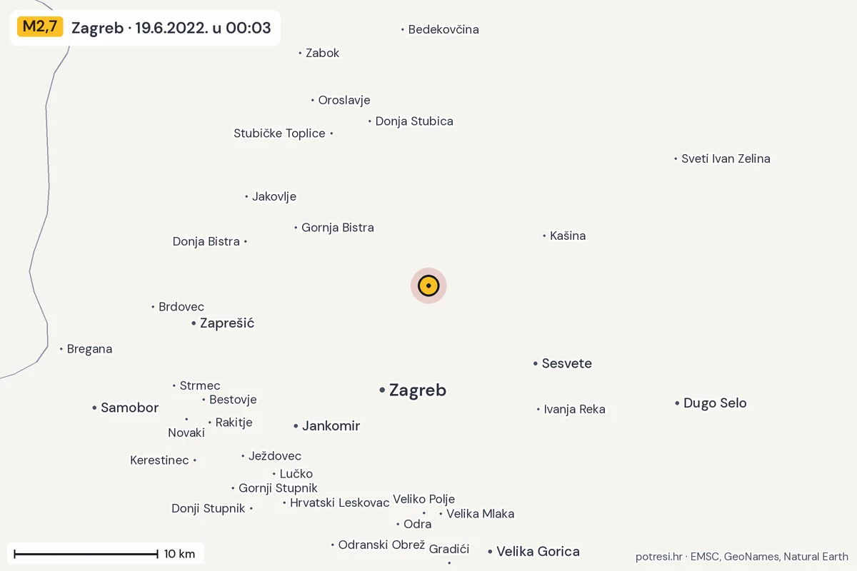 Karta: okolica epicentra, 60 km, potres M2,7, Zagreb, 19.6.2022.