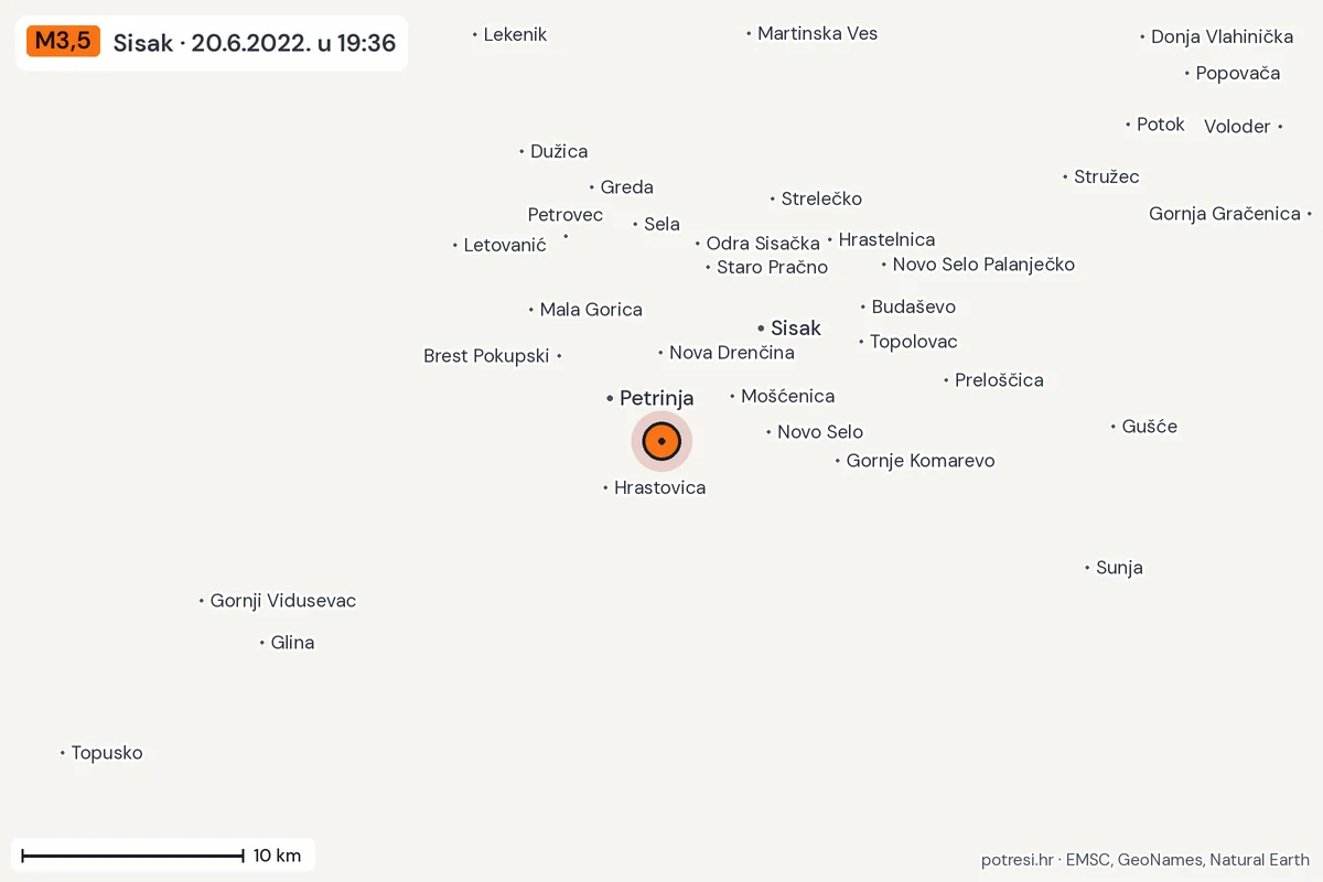 Karta: okolica epicentra, 60 km, potres M3,5, Sisak, 20.6.2022.