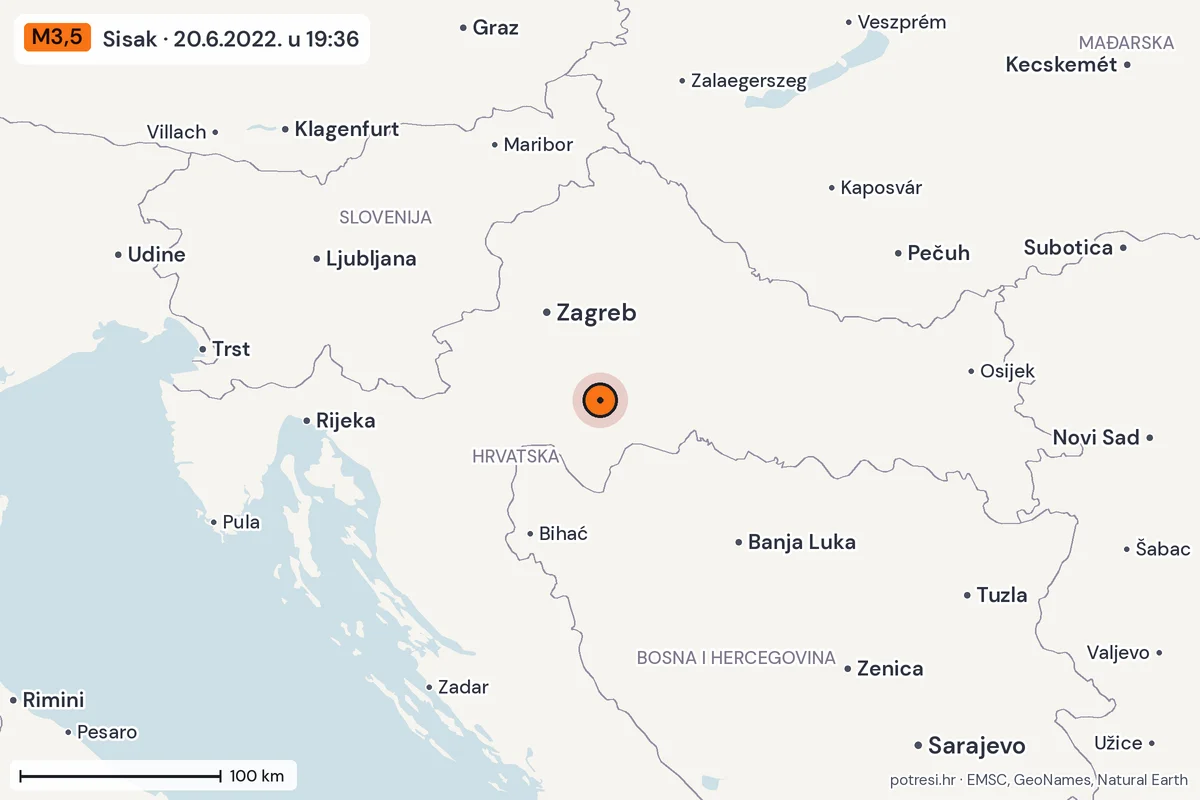 Karta: šire područje, 600 km, potres M3,5, Sisak, 20.6.2022.