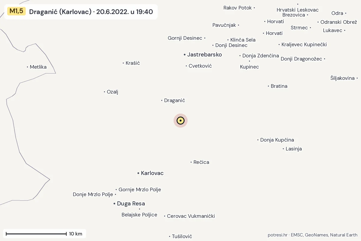 Karta: okolica epicentra, 60 km, potres M1,5, Draganić (Karlovac), 20.6.2022.