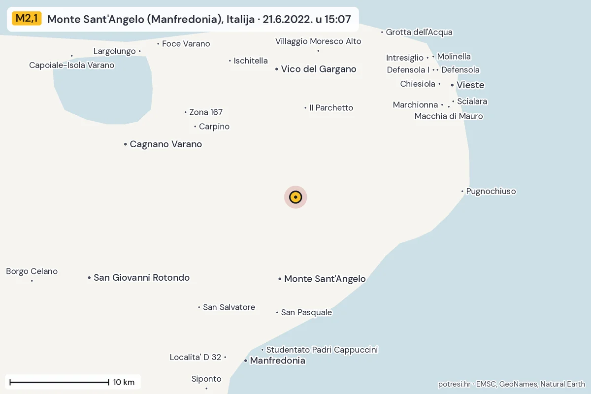 Karta: okolica epicentra, 60 km, potres M2,1, Monte Sant'Angelo (Manfredonia), Italija, 21.6.2022.