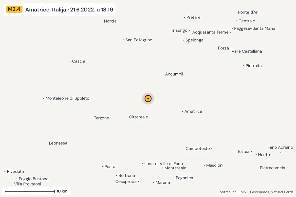 Karta: okolica epicentra, 60 km, potres M2,4, Amatrice, Italija, 21.6.2022.