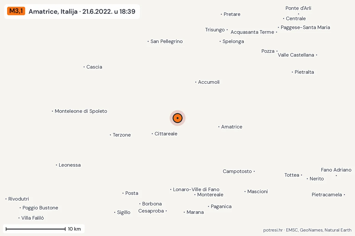 Karta: okolica epicentra, 60 km, potres M3,1, Amatrice, Italija, 21.6.2022.