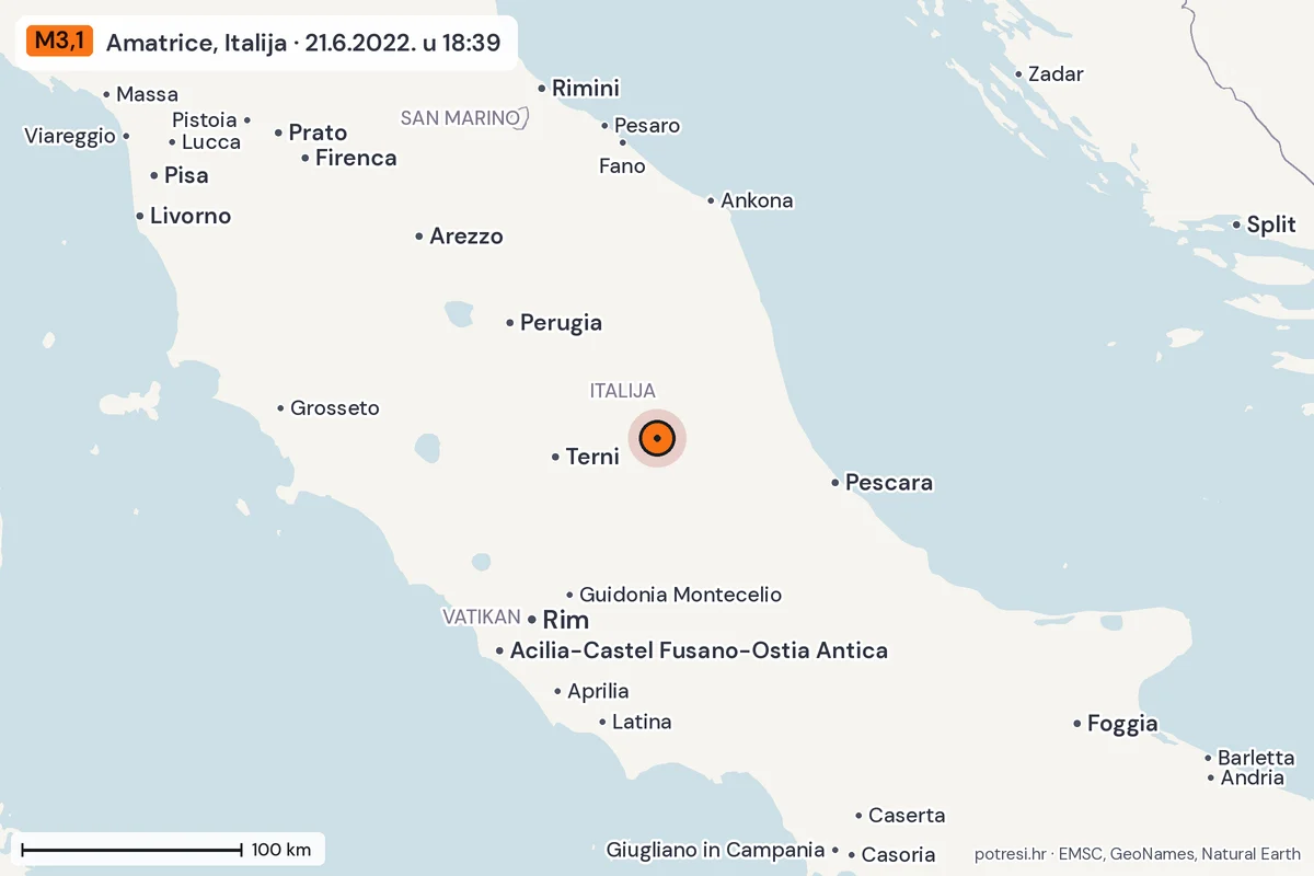 Karta: šire područje, 600 km, potres M3,1, Amatrice, Italija, 21.6.2022.