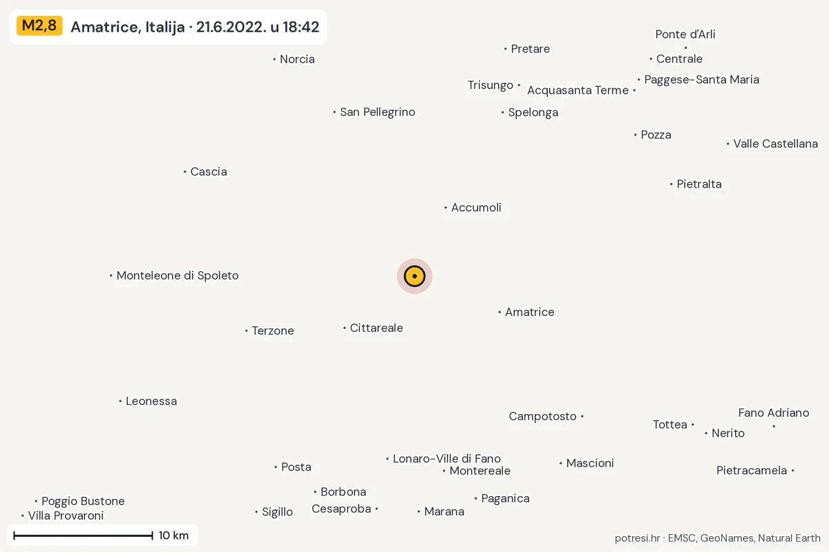 Karta: okolica epicentra, 60 km, potres M2,8, Amatrice, Italija, 21.6.2022.