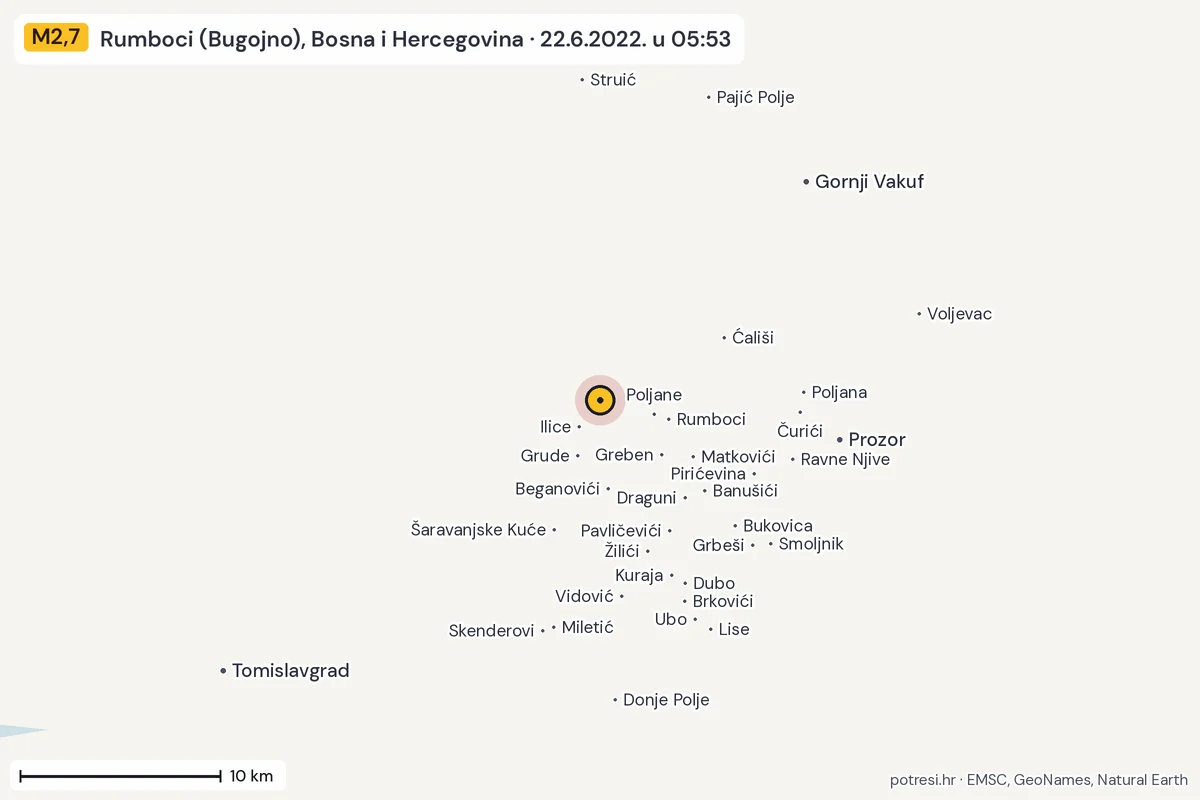 Karta: okolica epicentra, 60 km, potres M2,7, Rumboci (Bugojno), Bosna i Hercegovina, 22.6.2022.