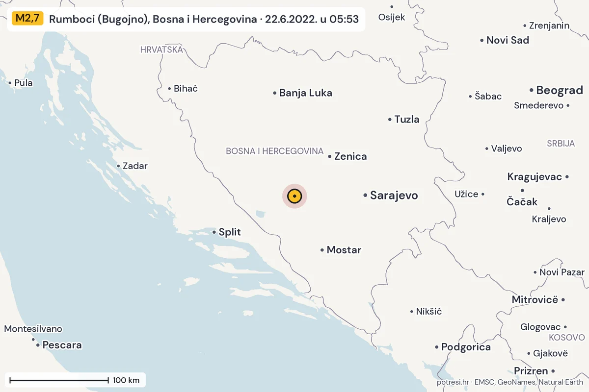 Karta: šire područje, 600 km, potres M2,7, Rumboci (Bugojno), Bosna i Hercegovina, 22.6.2022.